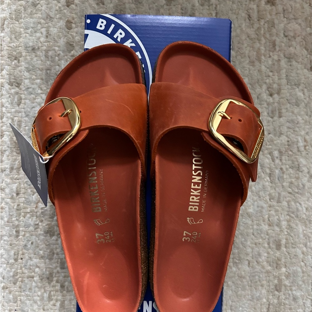 Birkenstock Madrid Rust Slide Sandals with Brass Buckle